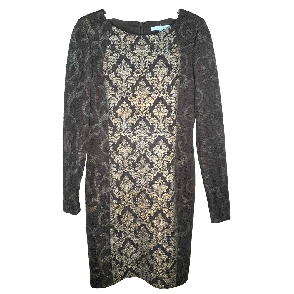 Antonio Melani Black Gold Brocade Bodycon Long Sleeve Corpcore Office Dress Sz 2